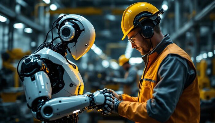 A photograph of a sleek industrial robot working alongside a human in a modern manufacturing environment