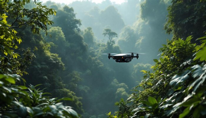 A photograph of a lush amazon rainforest landscape