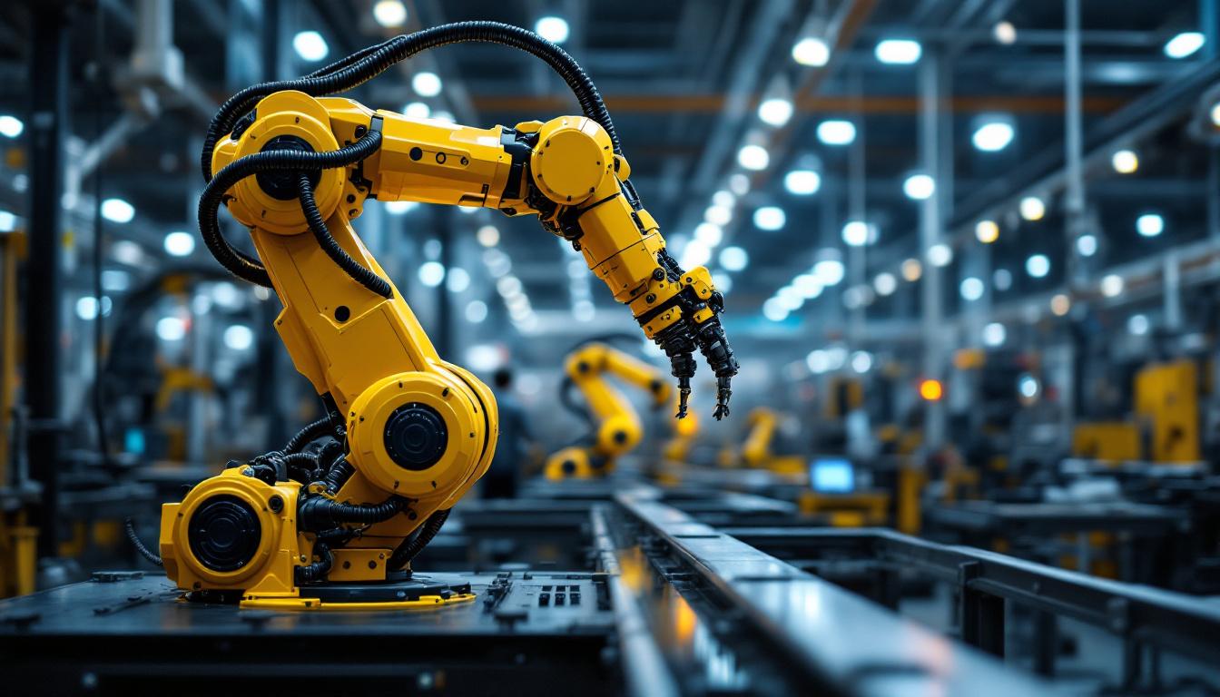 A photograph of a sleek industrial robotic arm in action