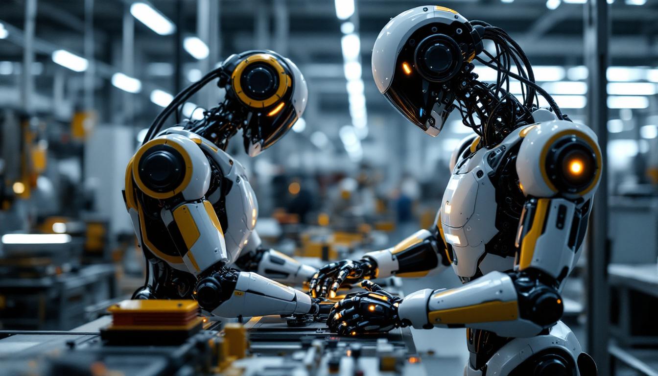 A photograph of a sleek industrial robot in action within a modern manufacturing environment