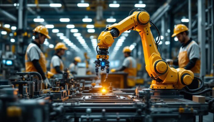 A photograph of a sleek industrial robotic arm in action on a factory floor