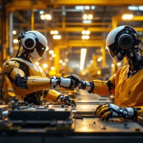 A photograph of a dynamic industrial setting showcasing both autonomous and semi-autonomous robots in action