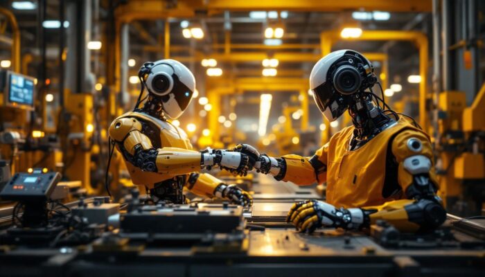 A photograph of a dynamic industrial setting showcasing both autonomous and semi-autonomous robots in action