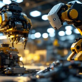 A photograph of a sleek industrial robot in action
