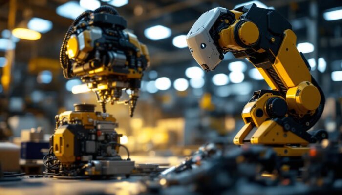 A photograph of a sleek industrial robot in action