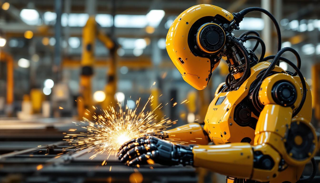 A photograph of a sleek industrial robot in action within a manufacturing environment