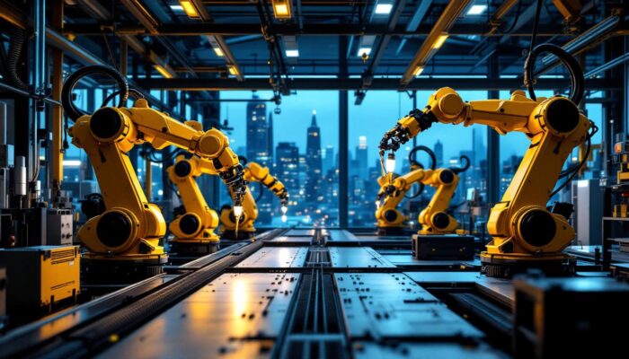 A photograph of a dynamic industrial robotics environment in boston