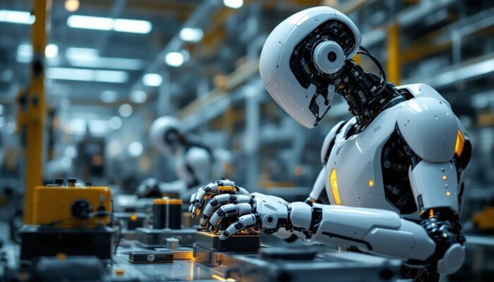A photograph of a sleek industrial robot in action
