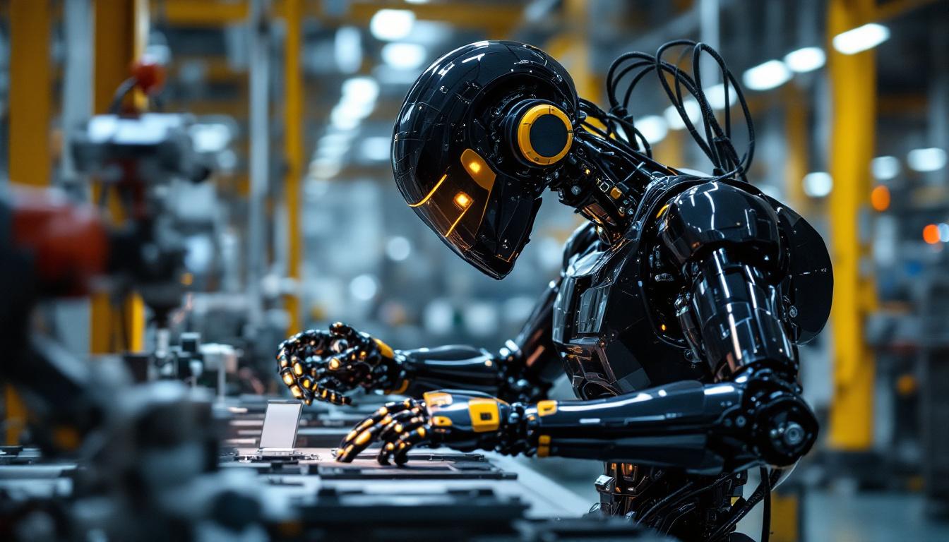 A photograph of a sleek industrial robot in action on a factory floor