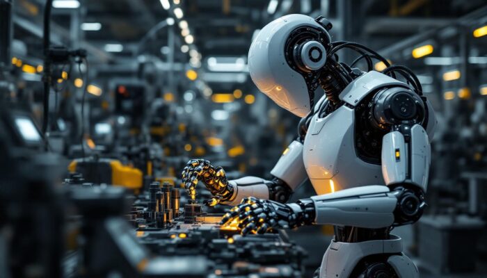 A photograph of a sleek industrial robot in action within a manufacturing environment