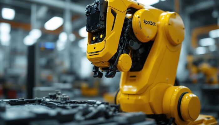 A photograph of a close-up view of a spotbot industrial robot in action