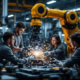 A photograph of a dynamic industrial robotics setting