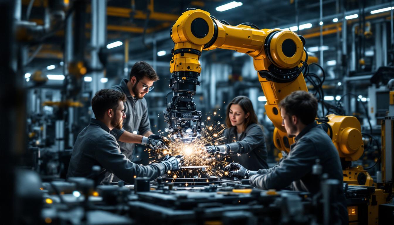A photograph of a dynamic industrial robotics setting