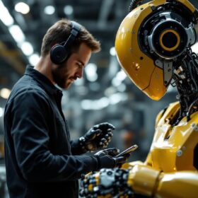 A photograph of a skilled technician working alongside an industrial robot in a modern manufacturing environment