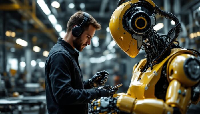 A photograph of a skilled technician working alongside an industrial robot in a modern manufacturing environment