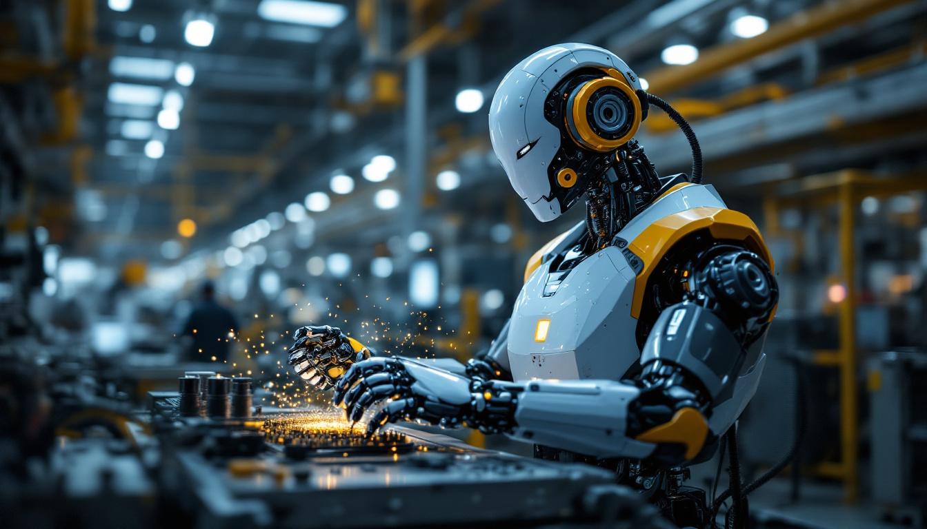 A photograph of a sleek industrial robot in action within a manufacturing environment