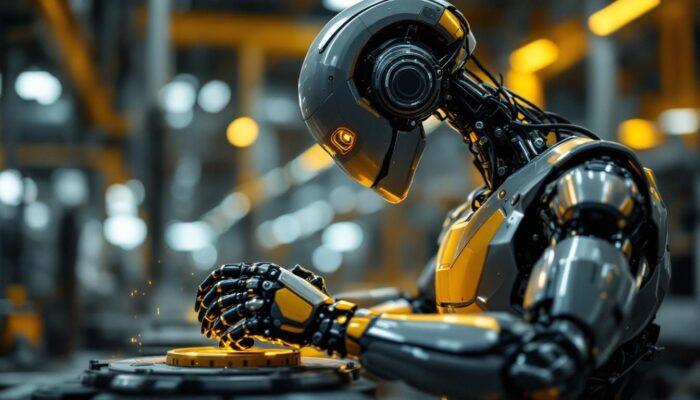 A photograph of a sleek industrial robot in action