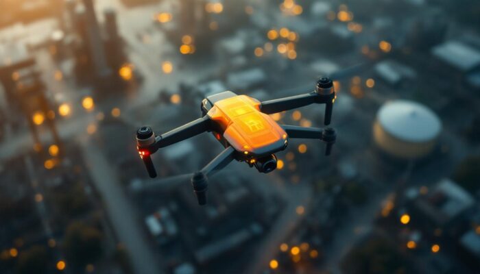 A photograph of a small thermal drone in action