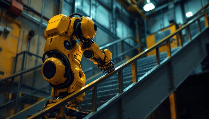 A photograph of a robotic arm navigating a staircase