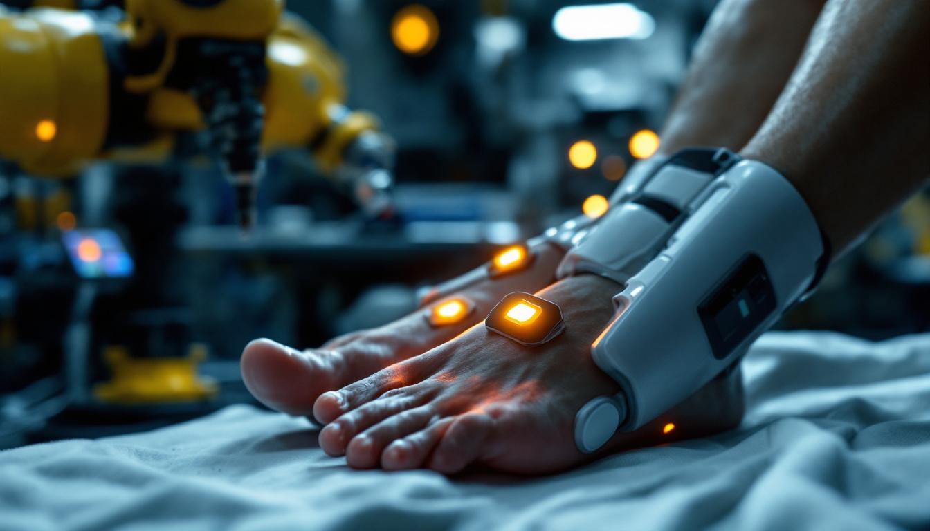 A photograph of a close-up of a tens unit device being used on a person's feet