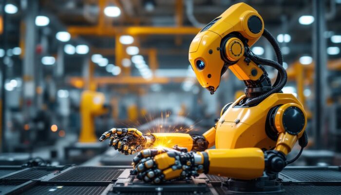 A photograph of a sleek industrial robot in action