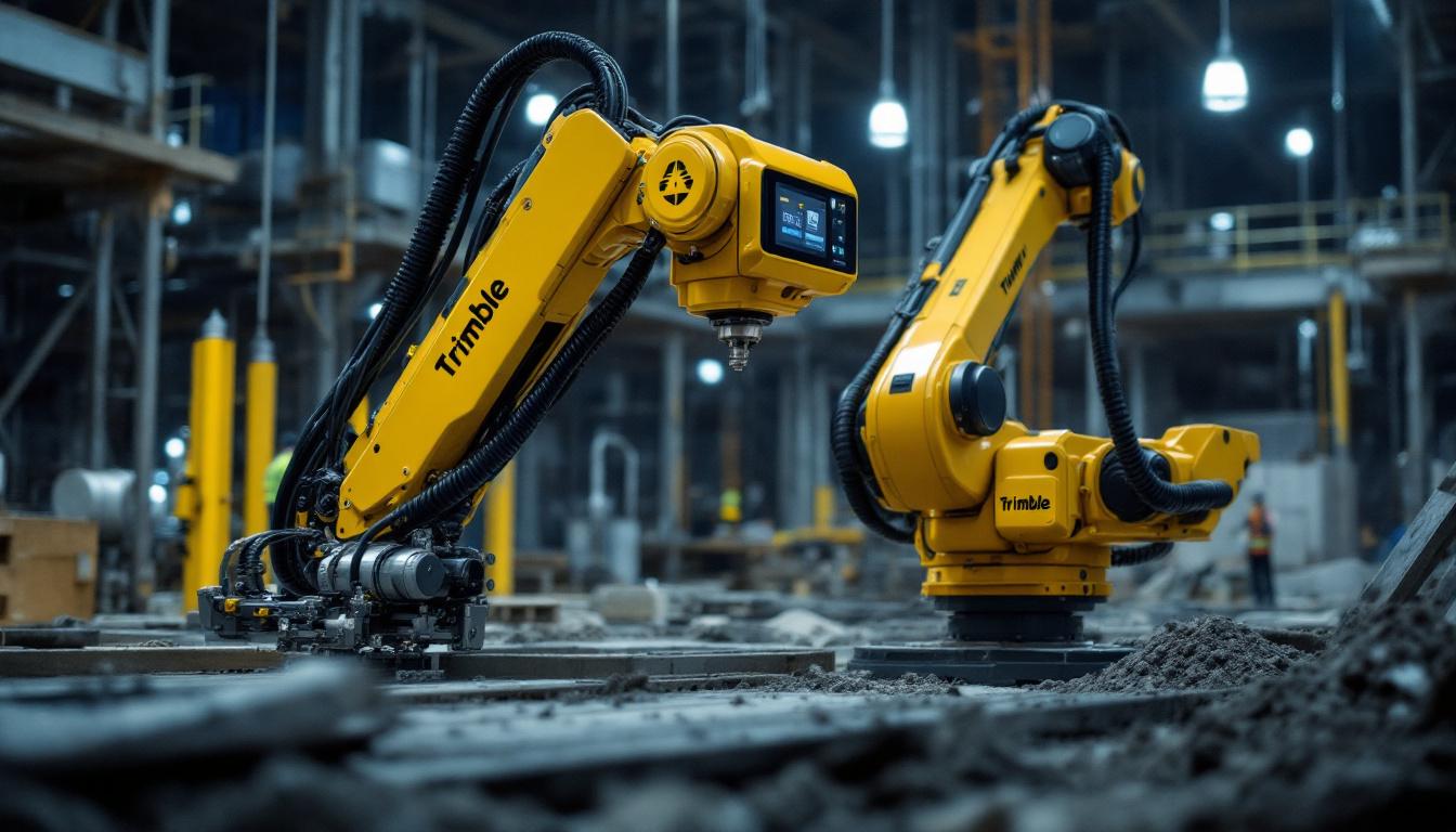 A photograph of capture a photograph of a trimble industrial robotic system in action on a construction site