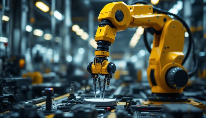 A photograph of a sleek industrial robotic arm in action