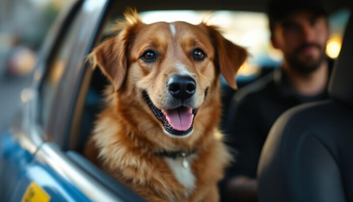A photograph of a friendly dog comfortably riding in the backseat of an uber