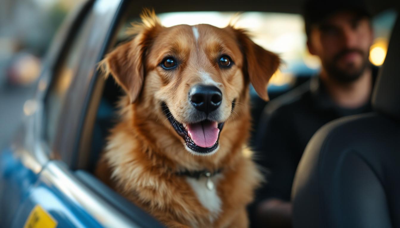 A photograph of a friendly dog comfortably riding in the backseat of an uber