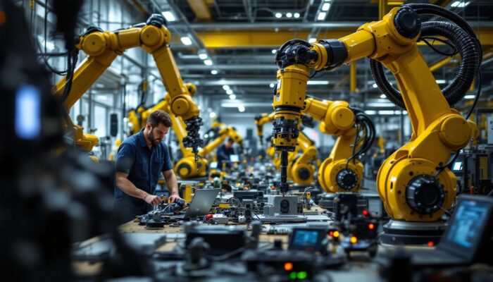 A photograph of a dynamic industrial robotics workspace at general dynamics florida