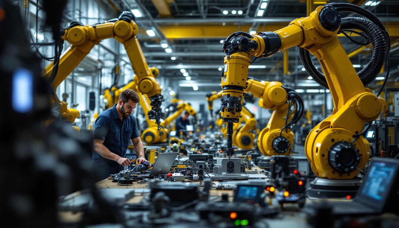 A photograph of a dynamic industrial robotics workspace at general dynamics florida