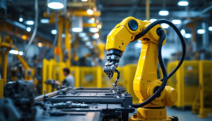 A photograph of a sleek industrial robotic arm in action