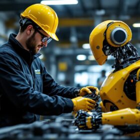 A photograph of a national grid employee interacting with an industrial robot in a modern workspace