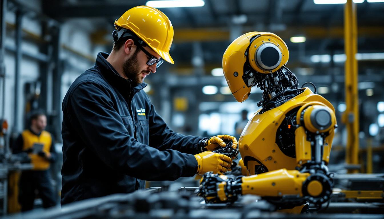 A photograph of a national grid employee interacting with an industrial robot in a modern workspace