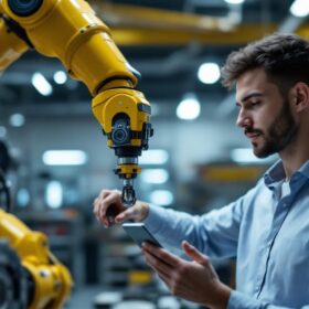 A photograph of a young sales engineer engaging with an industrial robotic arm in a modern workspace