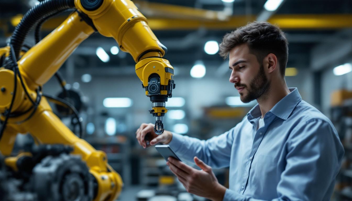 A photograph of a young sales engineer engaging with an industrial robotic arm in a modern workspace