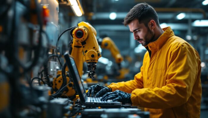 A photograph of a skilled technician programming or operating an industrial robot in a modern manufacturing setting
