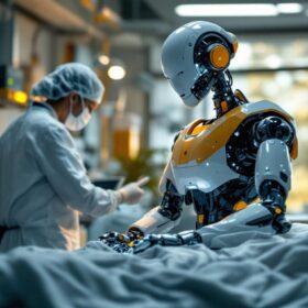 A photograph of a healthcare setting where an industrial robot is actively assisting medical professionals