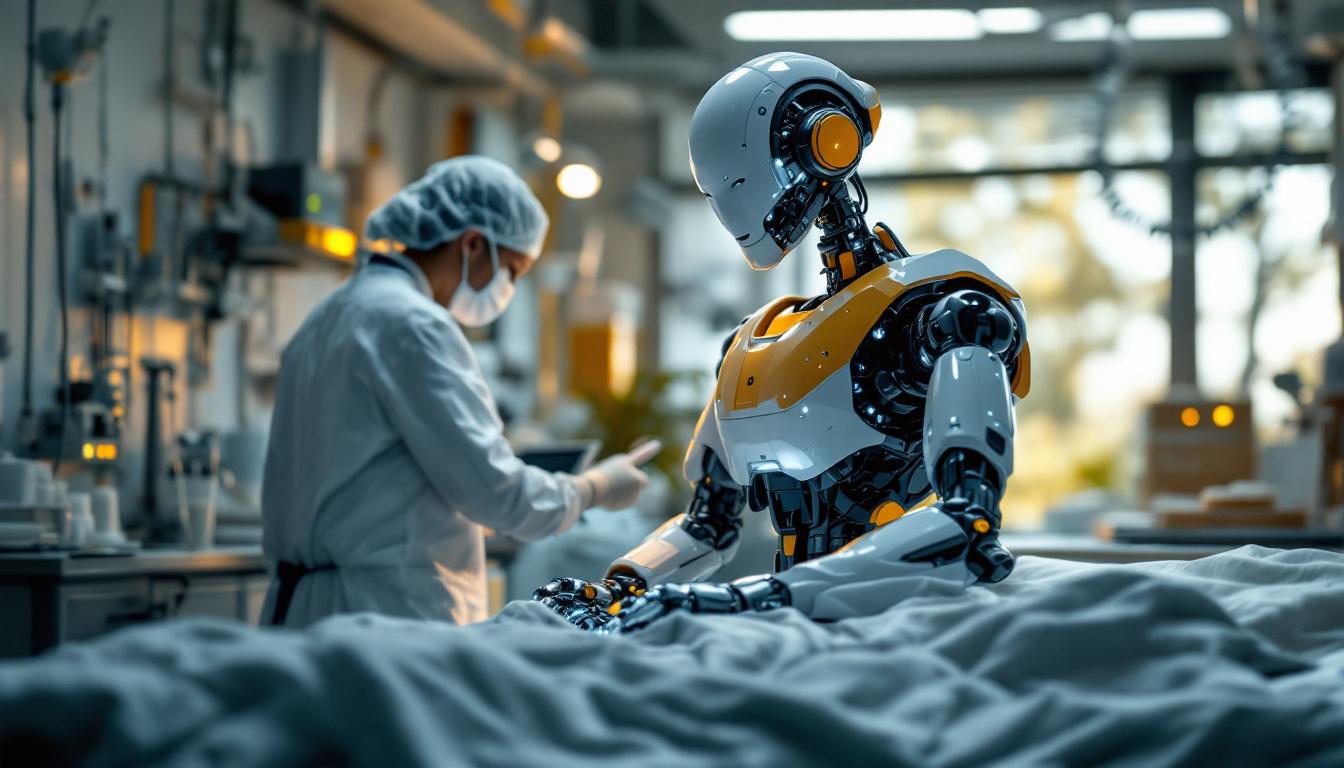 A photograph of a healthcare setting where an industrial robot is actively assisting medical professionals