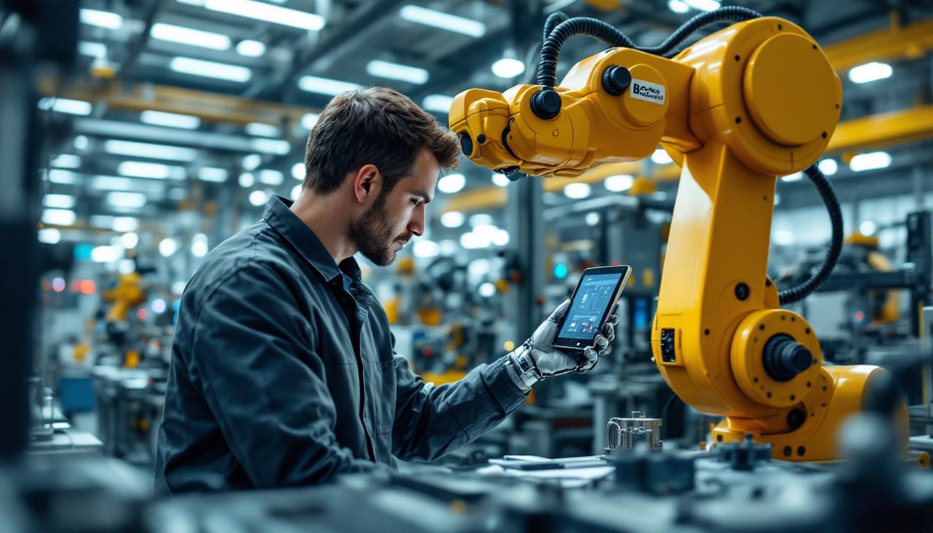 A photograph of a skilled technician operating an industrial robotic arm in a modern manufacturing facility