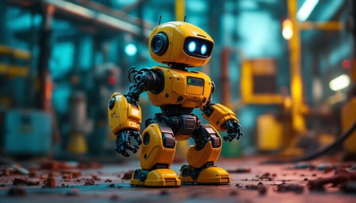 A photograph of a playful toy robot in motion