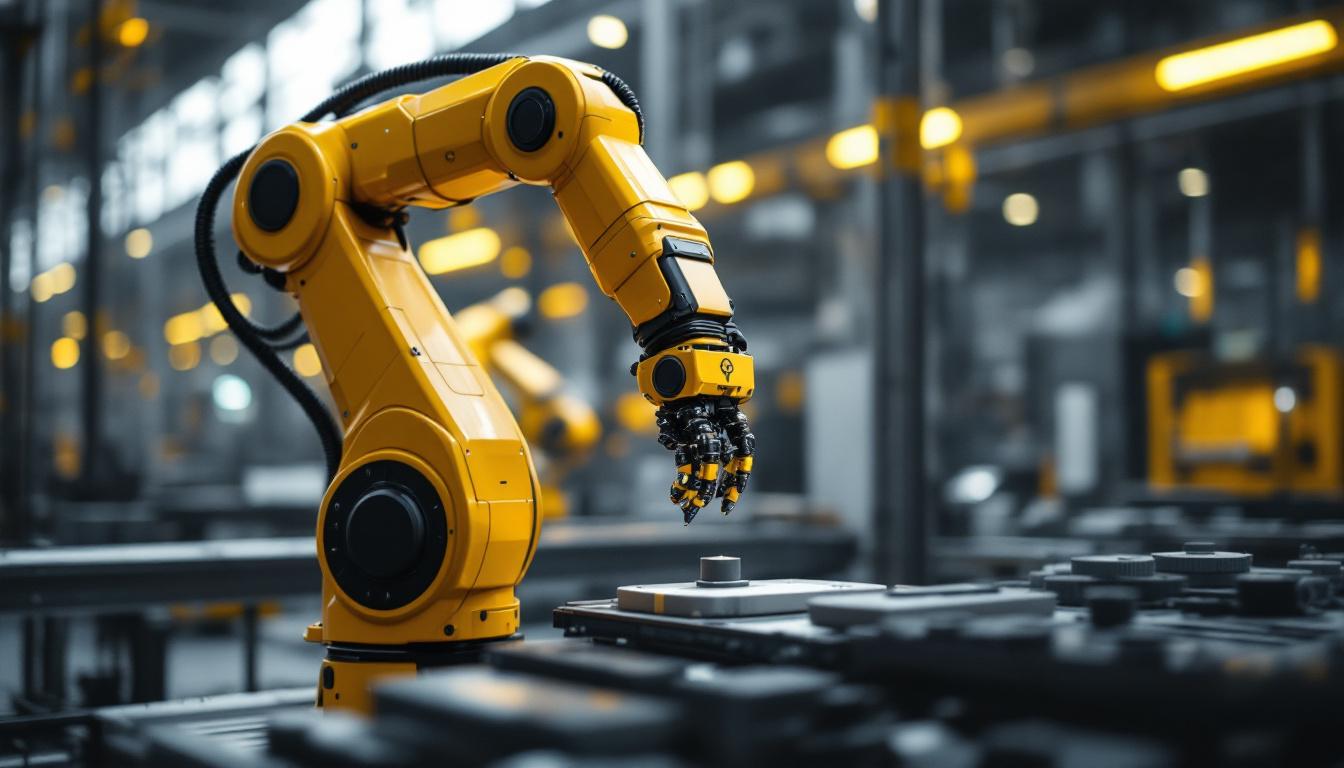 A photograph of a sleek industrial robotic arm in action within a modern manufacturing environment