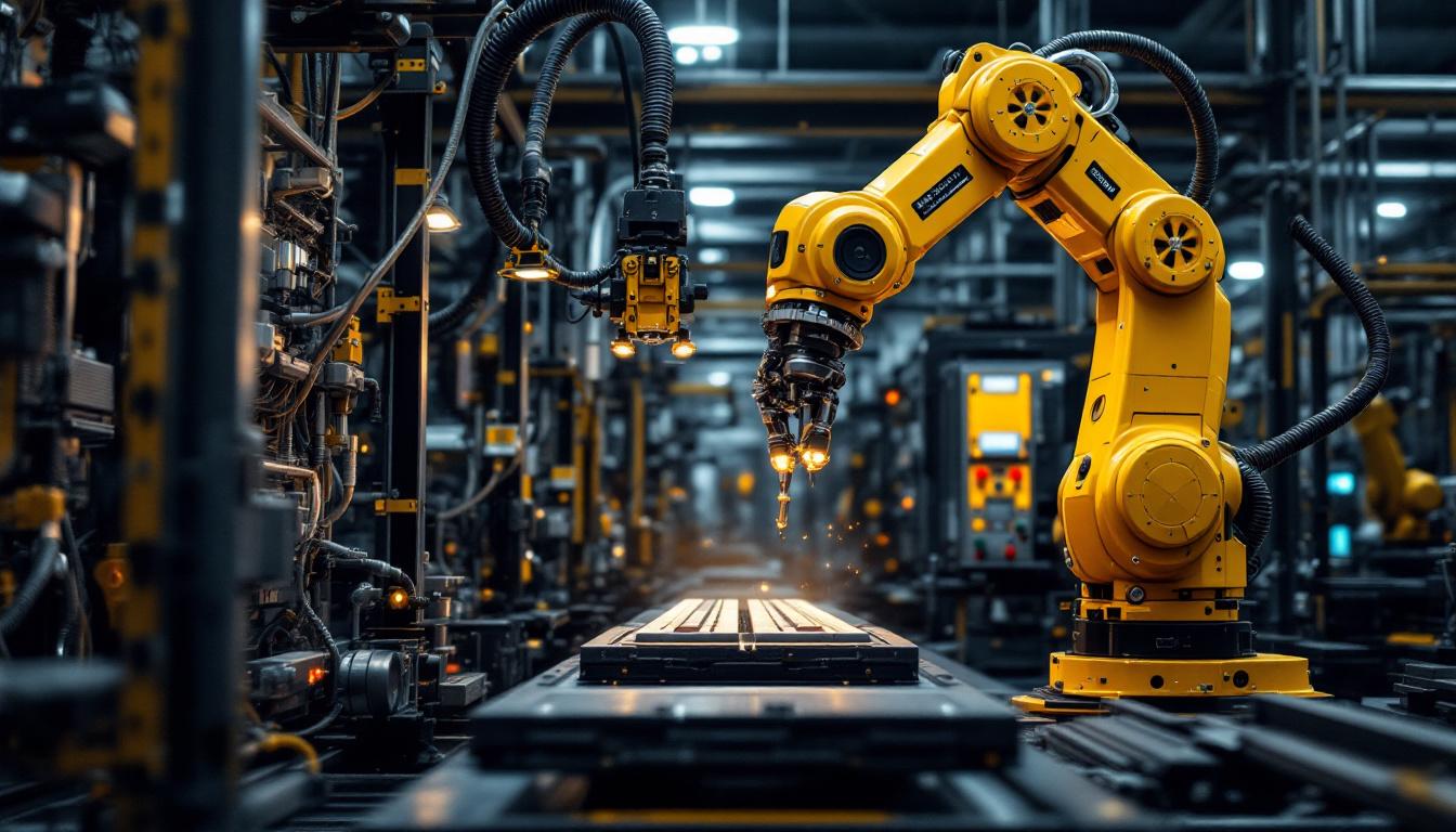A photograph of a dynamic industrial setting showcasing a robotic arm in action