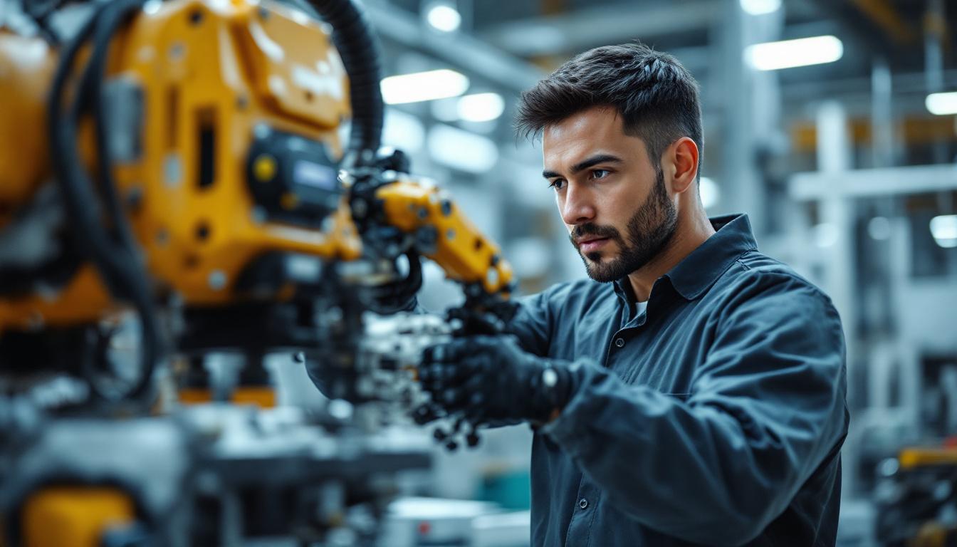 A photograph of a skilled mechatronics engineer working on a robotic arm in a modern industrial setting