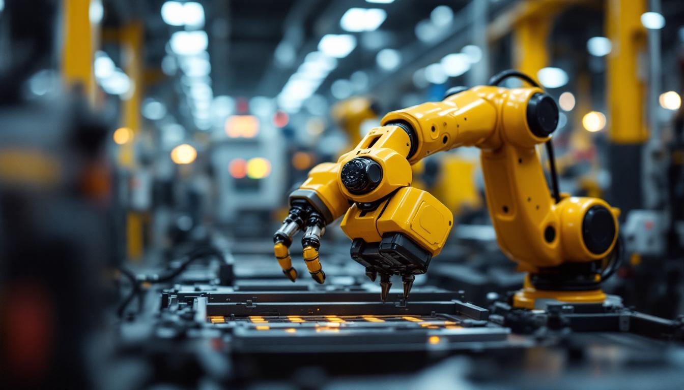 A photograph of a dynamic industrial setting showcasing a robotic arm in action