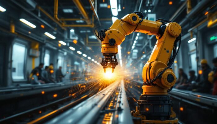 A photograph of a dynamic industrial robotic arm in action