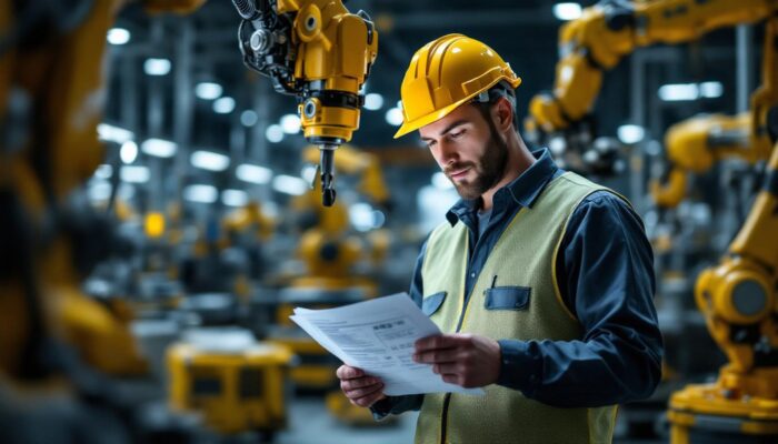A photograph of a skilled technician examining a battery safety data sheet (msds) while surrounded by industrial robots in a modern manufacturing environment