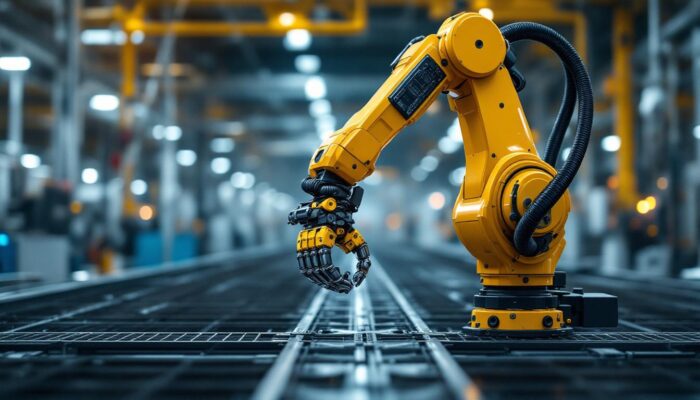 A photograph of a sleek industrial robotic arm in action within a modern manufacturing environment