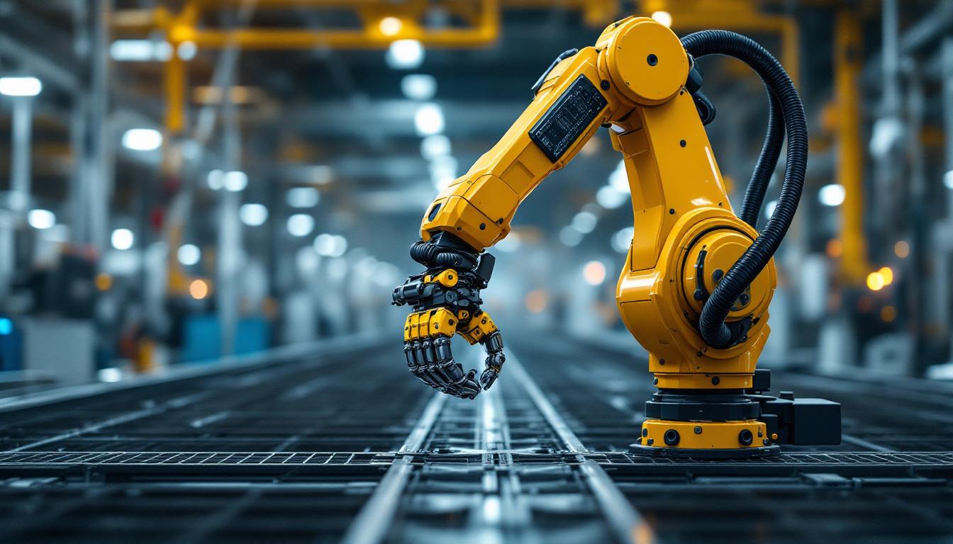 A photograph of a sleek industrial robotic arm in action within a modern manufacturing environment