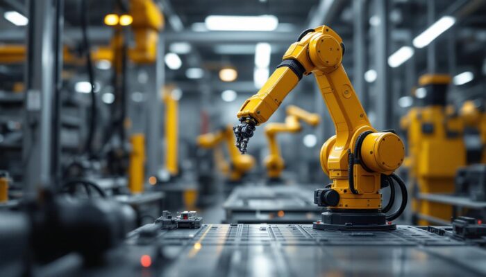 A photograph of capture a photograph of a modern industrial robotic arm in action